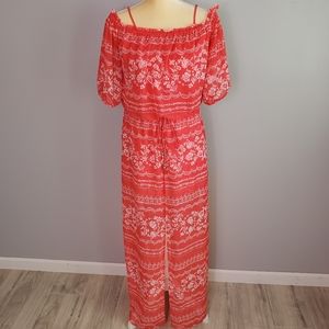 Sheer Floral Red Open Front Maxi Dress Sz Med